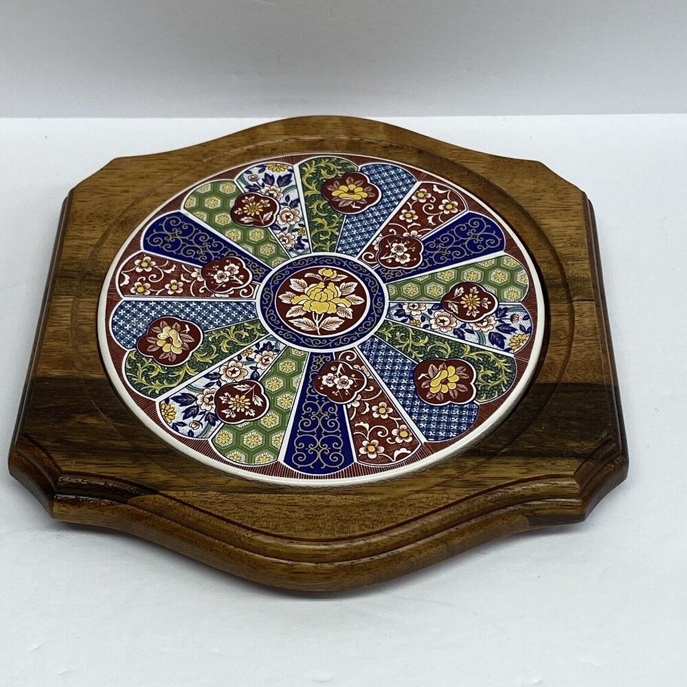 Wood & Ceramic Trivet Floral Pattern Japan Footed Vtg Kitchen Decor